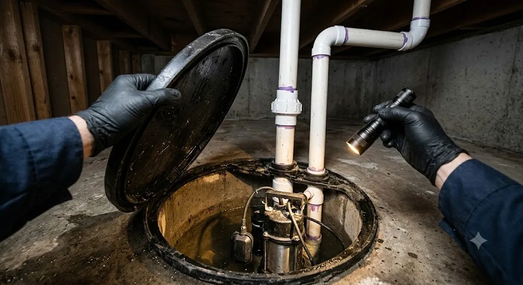 plumber repairing a sewage ejector pump