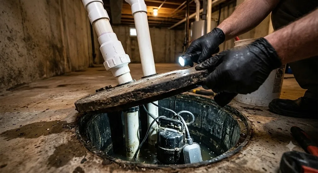 licensed plumber servicing an ejector pump basin