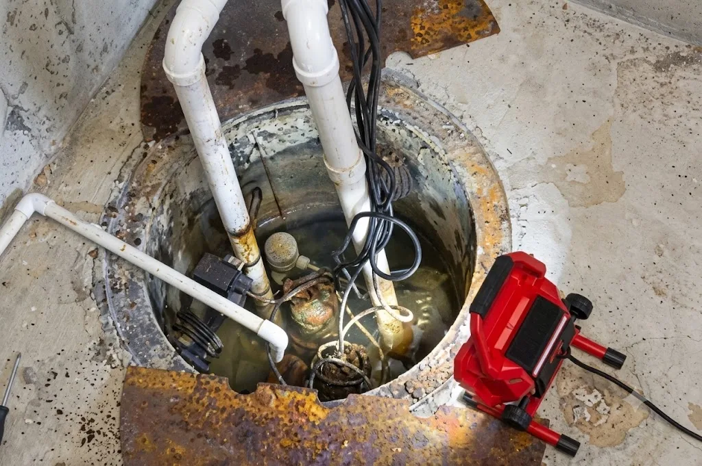 plumber inspecting a sewage ejector pump basin