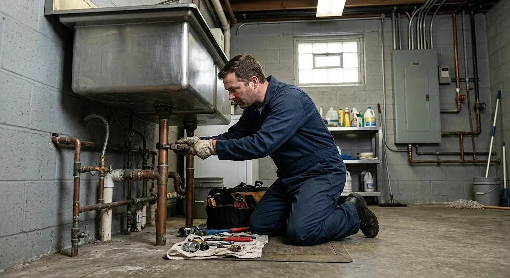 commercial plumbing technician working in a business property