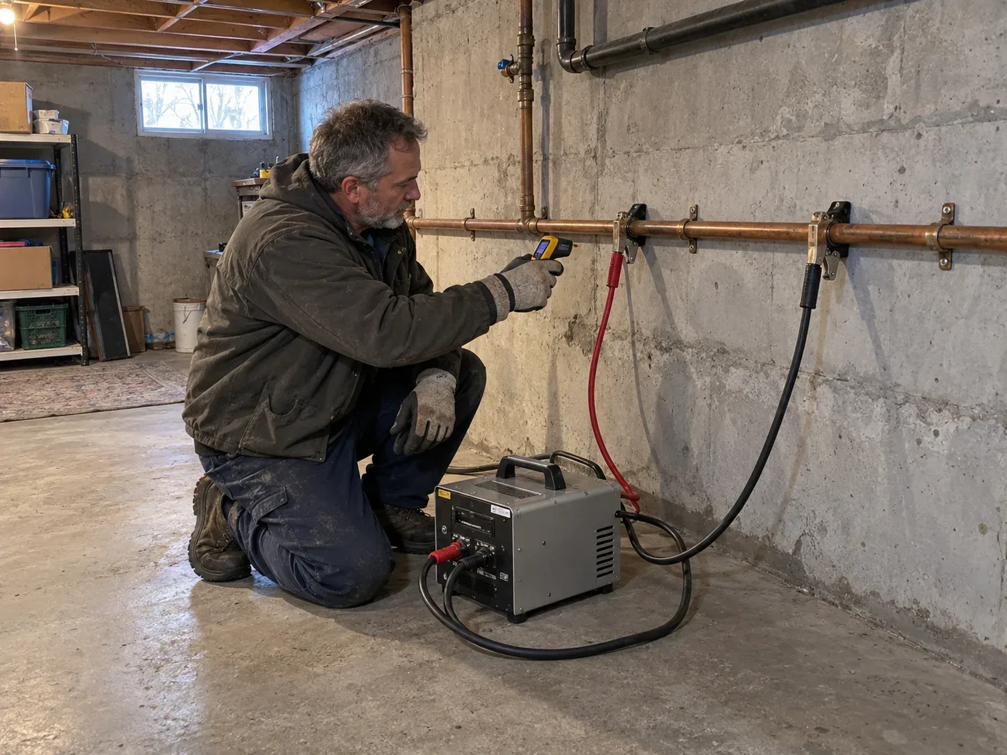 Plumber thawing frozen water pipes in a Vaughan basement