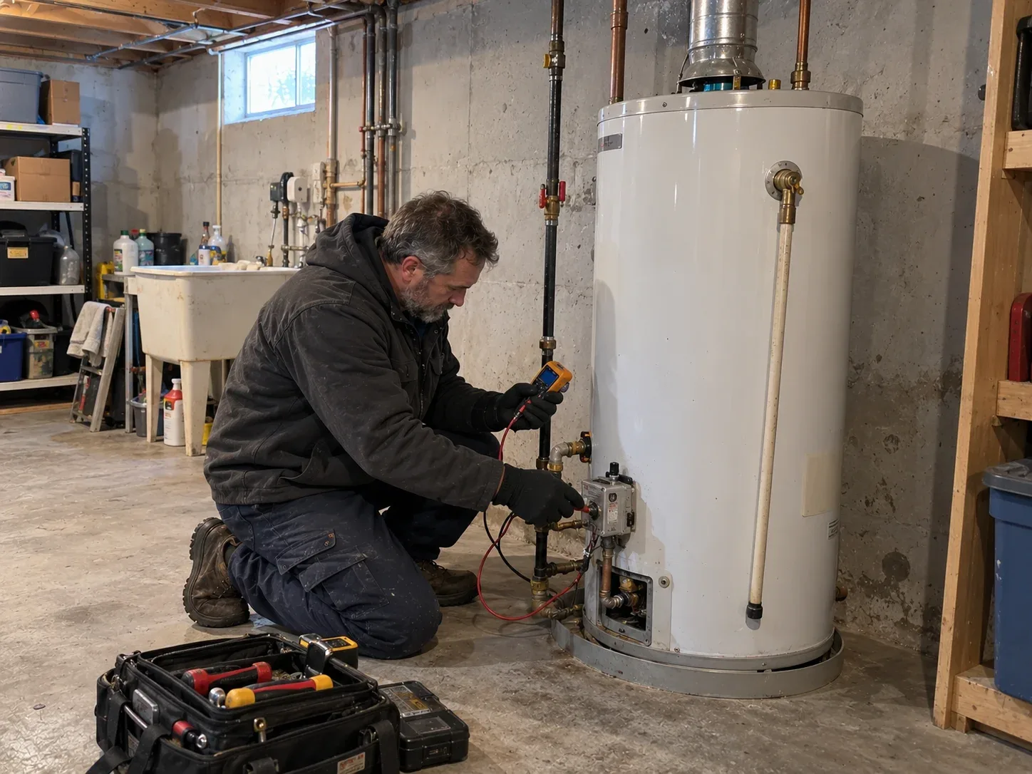 Plumber repairing a water heater in a Vaughan home