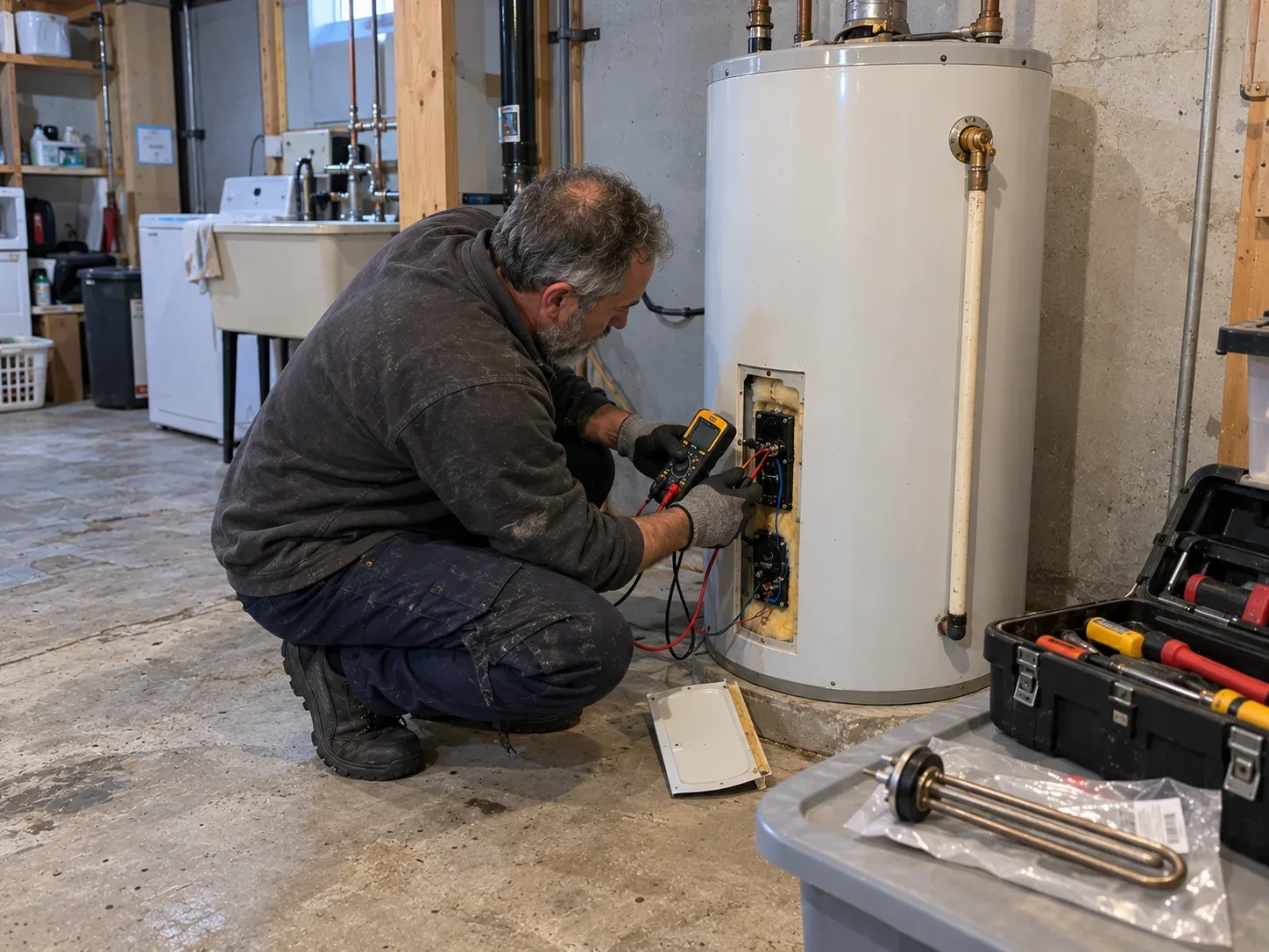 Technician repairing a hot water tank in a Vaughan basement